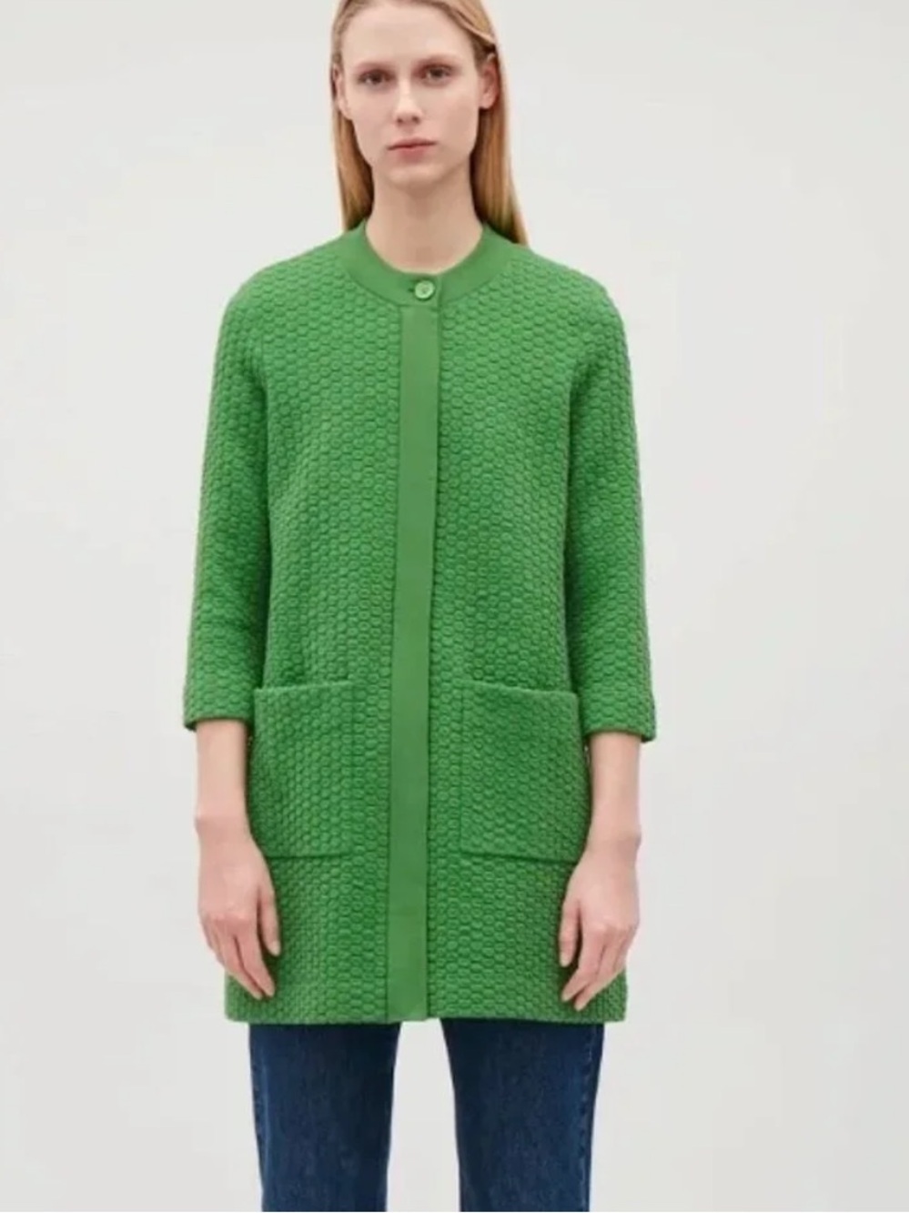 COS | Green Textured  Knit Full Zip Longline Coatigan Size Medium